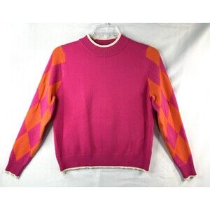 THML Women's Argyle Sweater Sz XS Pink Orange Vibrant Preppy Academia Diamond